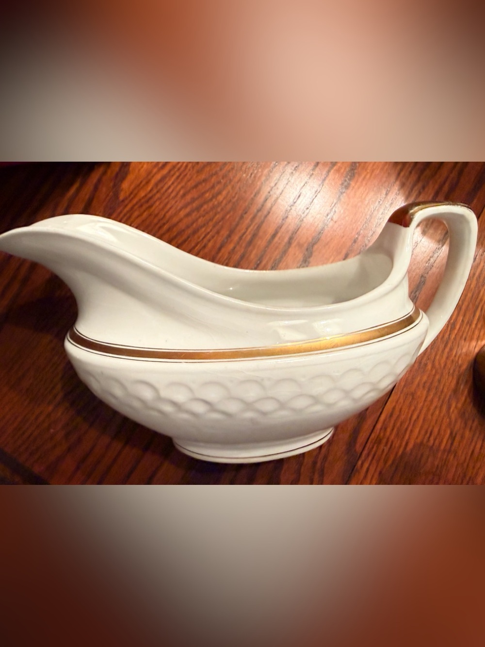 Vintage Johnson Brothers Made in England White Ceramic Gravy Boat with Gold Trim